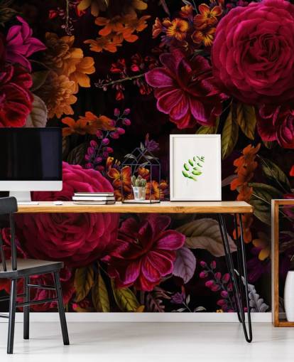 rosas rojas y flores naranjas papel tapiz oscuro