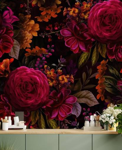 röda rosor och orange blommor mörk tapet