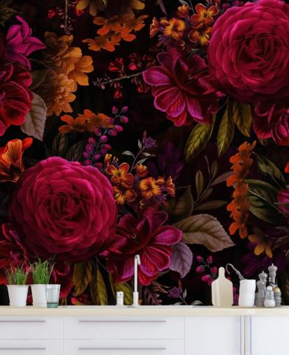 red roses and orange florals dark wallpaper