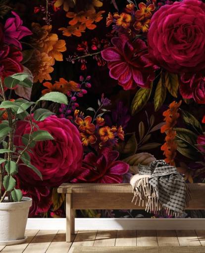 röda rosor och orange blommor mörk tapet