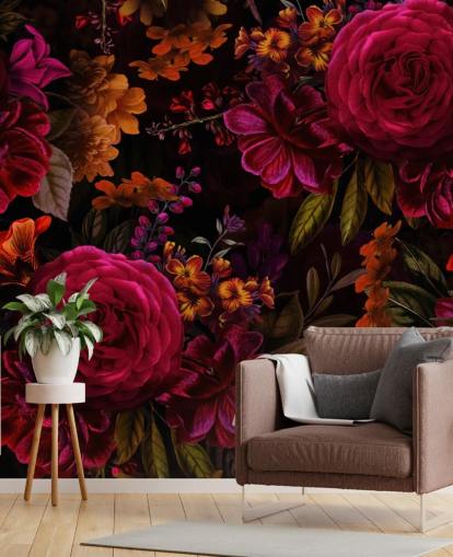 röda rosor och orange blommor mörk tapet