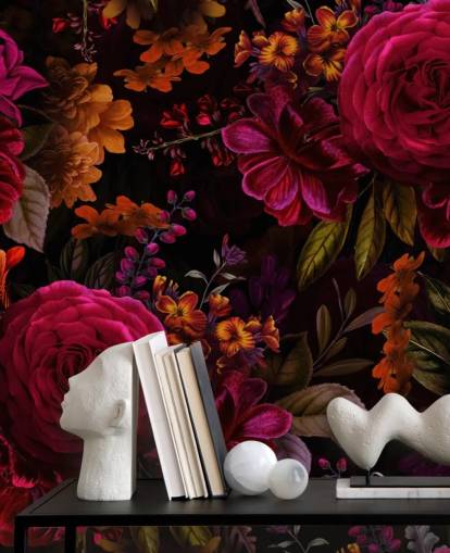 rosas rojas y flores naranjas papel tapiz oscuro