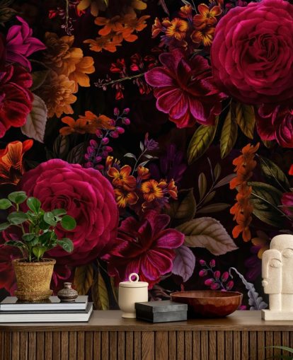 rosas rojas y flores naranjas papel tapiz oscuro