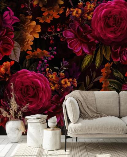 carta da parati scura con rose rosse e fiori arancioni