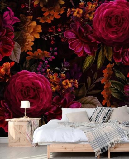 red roses and orange florals dark wallpaper