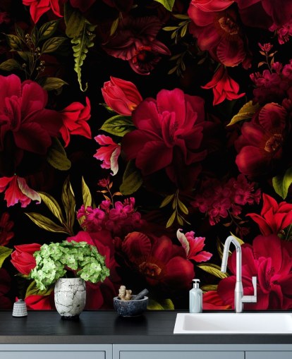 papier peint à fleurs rouge romantique