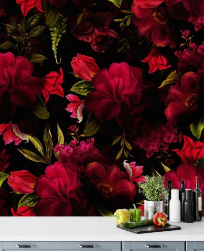 romantisk rød floral tapet