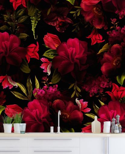papel de parede floral vermelho romântico papel de parede floral vermelho romântico