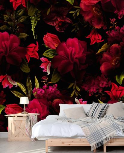 papier peint à fleurs rouge romantique