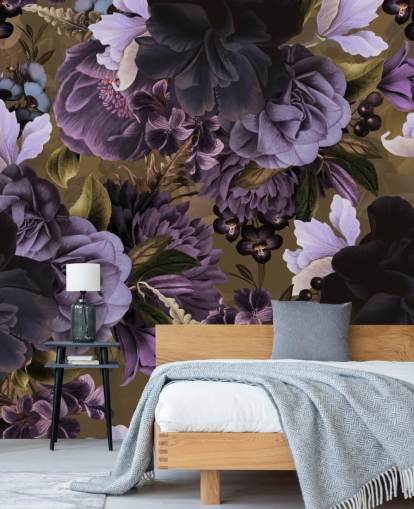 fiori di peonia viola scuro e viola chiaro su sfondo verde kaki fiori di peonia viola scuro e viola chiaro su sfondo verde kaki