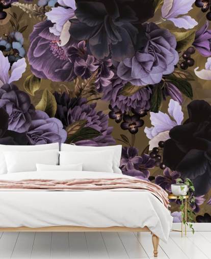 fiori di peonia viola scuro e viola chiaro su sfondo verde kaki