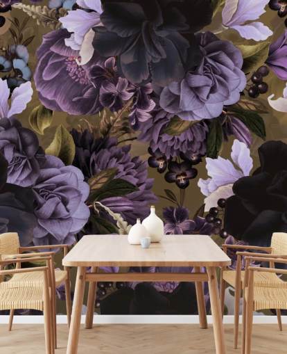 fiori di peonia viola scuro e viola chiaro su sfondo verde kaki