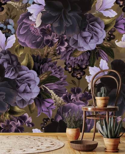 dark purple and light purple peony flowers on khaki green background wallpaper
