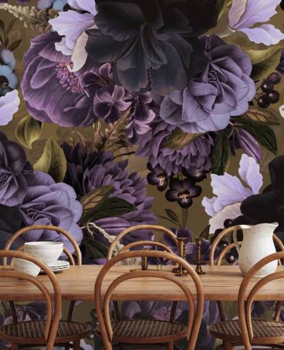 mörklila och ljuslila pion blommor på khaki grön bakgrund tapeter