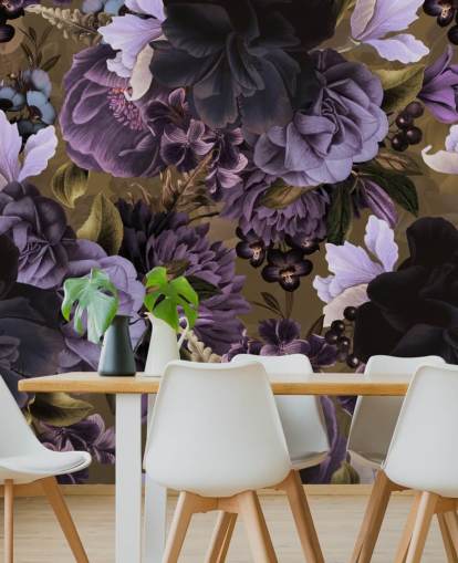 mörklila och ljuslila pion blommor på khaki grön bakgrund tapeter