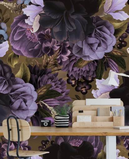 fleurs de pivoine violet foncé et violet clair sur fond d'écran vert kaki