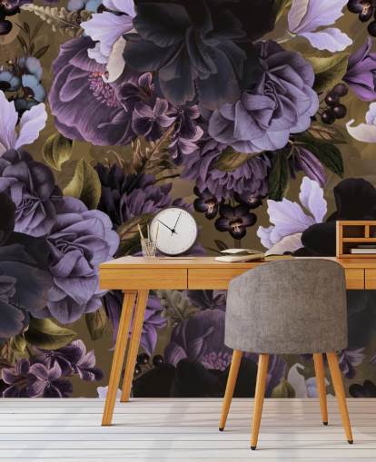 fleurs de pivoine violet foncé et violet clair sur fond d'écran vert kaki