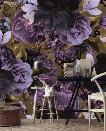 fleurs de pivoine violet foncé et violet clair sur fond d'écran vert kaki