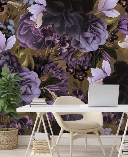 dark purple and light purple peony flowers on khaki green background wallpaper