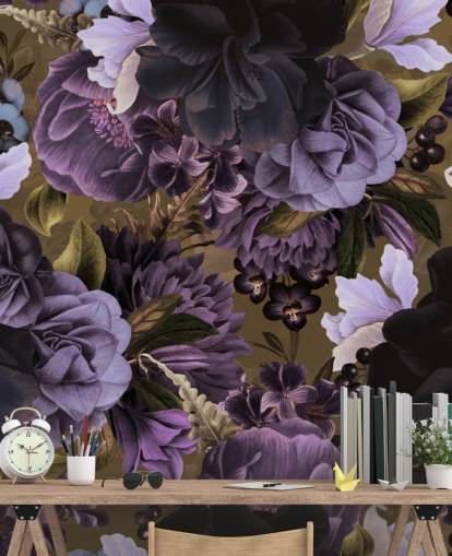 dark purple and light purple peony flowers on khaki green background wallpaper