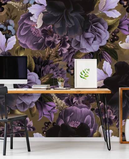 dark purple and light purple peony flowers on khaki green background wallpaper