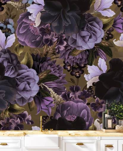 fleurs de pivoine violet foncé et violet clair sur fond d'écran vert kaki