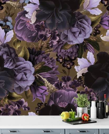 mörklila och ljuslila pion blommor på khaki grön bakgrund tapeter