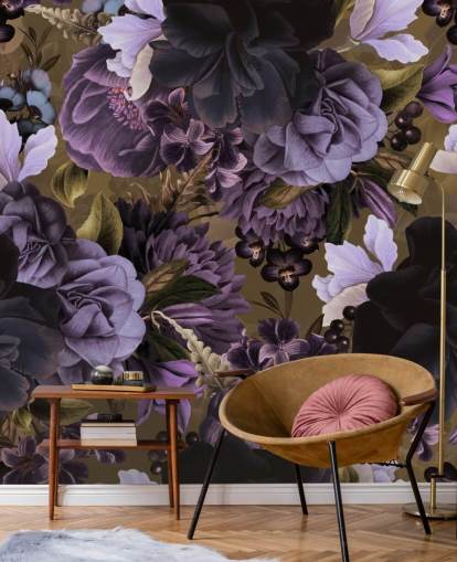 dark purple and light purple peony flowers on khaki green background wallpaper