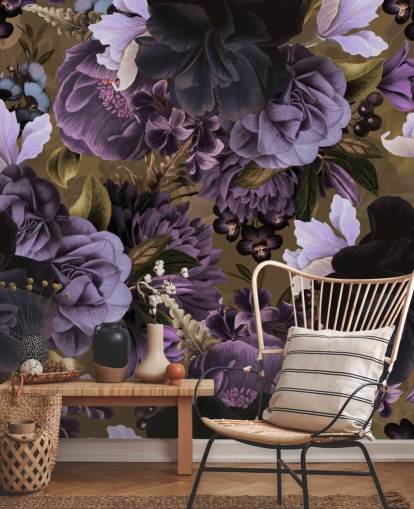 fiori di peonia viola scuro e viola chiaro su sfondo verde kaki