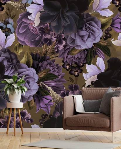 dunkelviolette und hellviolette Pfingstrosenblüten auf khakigrünem Hintergrund dunkelviolette und hellviolette Pfingstrosenblüten auf khakigrünem Hintergrund