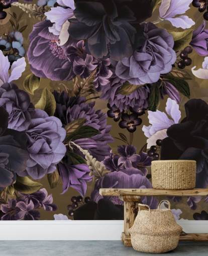 dark purple and light purple peony flowers on khaki green background wallpaper
