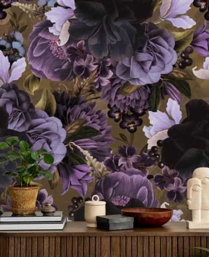 dark purple and light purple peony flowers on khaki green background wallpaper