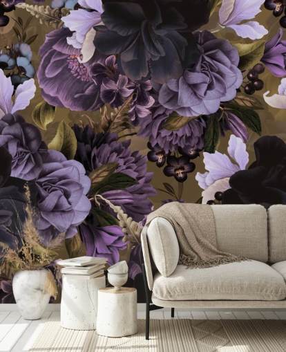 fiori di peonia viola scuro e viola chiaro su sfondo verde kaki