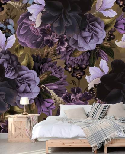 flores de peonía de color púrpura oscuro y morado claro sobre papel tapiz de fondo verde caqui flores de peonía de color púrpura oscuro y morado claro sobre papel tapiz de fondo verde caqui