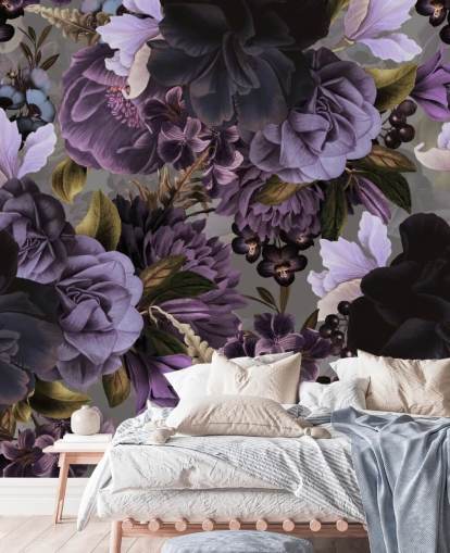 papel pintado floral morado oscuro con fondo gris