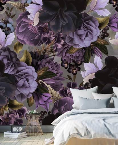carta da parati floreale viola scuro con sfondo grigio