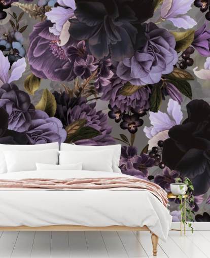 dark purple floral wallpaper with grey background