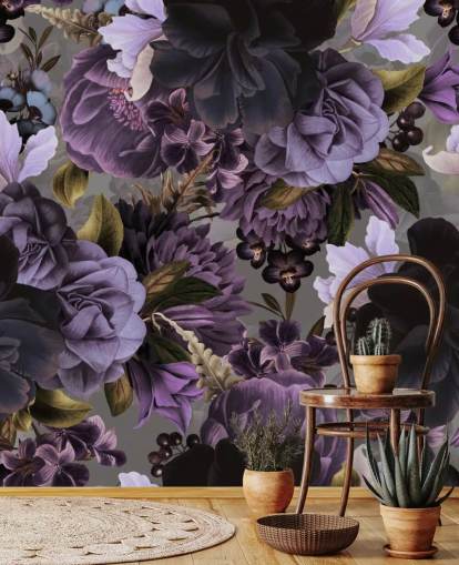 papel de parede floral roxo escuro com fundo cinza