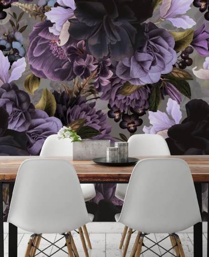 papel pintado floral morado oscuro con fondo gris