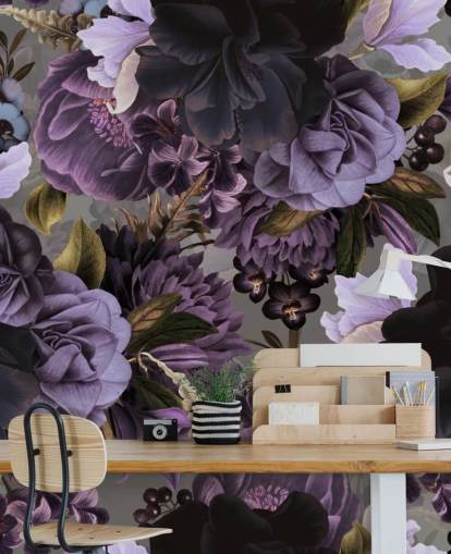 papier peint floral violet foncé avec fond gris
