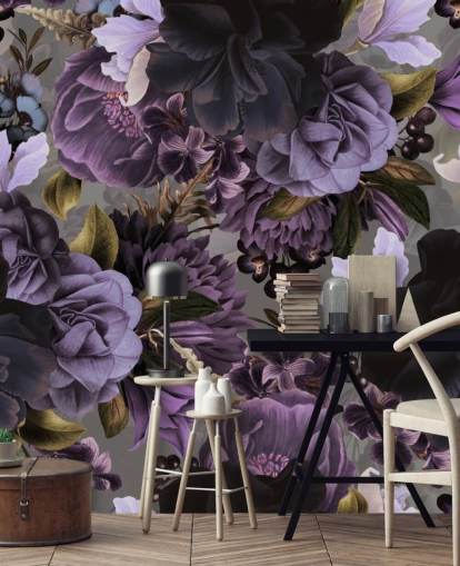 papel de parede floral roxo escuro com fundo cinza
