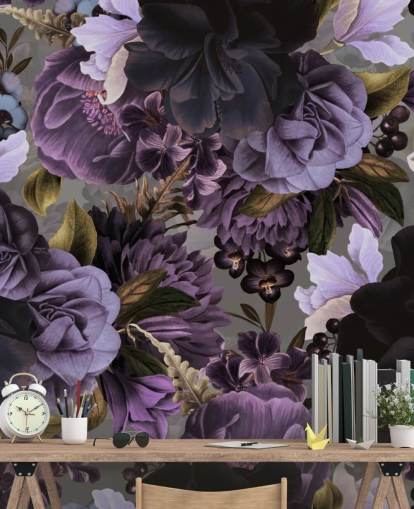 papel de parede floral roxo escuro com fundo cinza