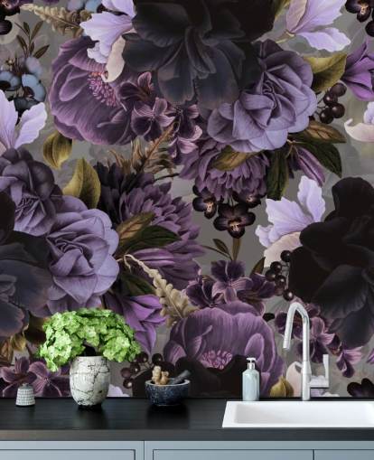 papel de parede floral roxo escuro com fundo cinza papel de parede floral roxo escuro com fundo cinza