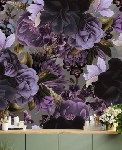 papel pintado floral morado oscuro con fondo gris