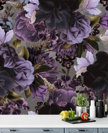 papel pintado floral morado oscuro con fondo gris papel pintado floral morado oscuro con fondo gris