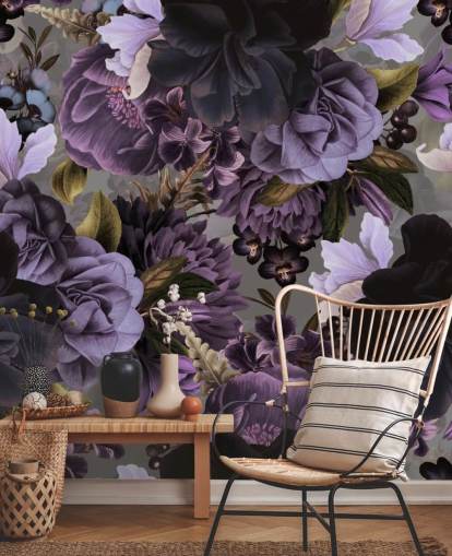 papel pintado floral morado oscuro con fondo gris