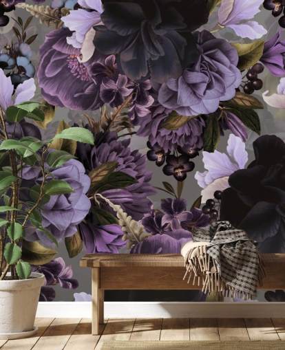 carta da parati floreale viola scuro con sfondo grigio
