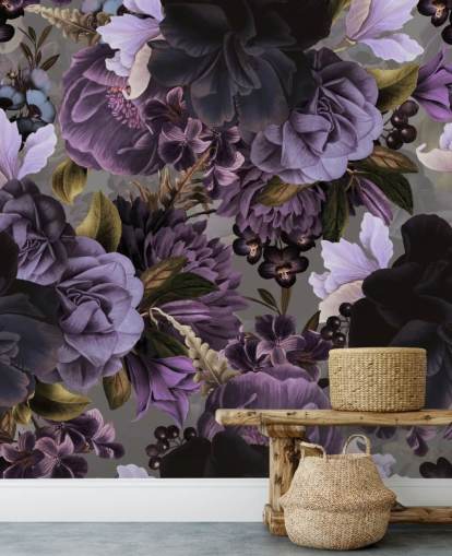 papel de parede floral roxo escuro com fundo cinza