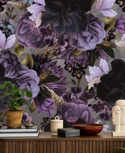 papel pintado floral morado oscuro con fondo gris papel pintado floral morado oscuro con fondo gris