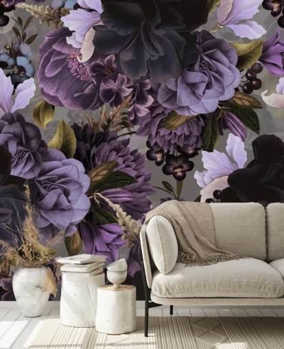 papel de parede floral roxo escuro com fundo cinza